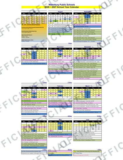 Waterbury Public Schools 2026-27 calendar