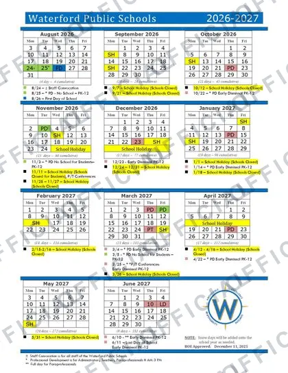 Waterford Public Schools 2026-27 calendar