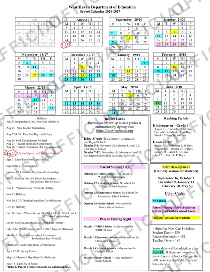West Haven Department of Education 2026-27 calendar
