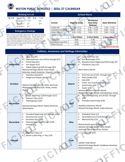 Wilton Public Schools 2026-27 calendar