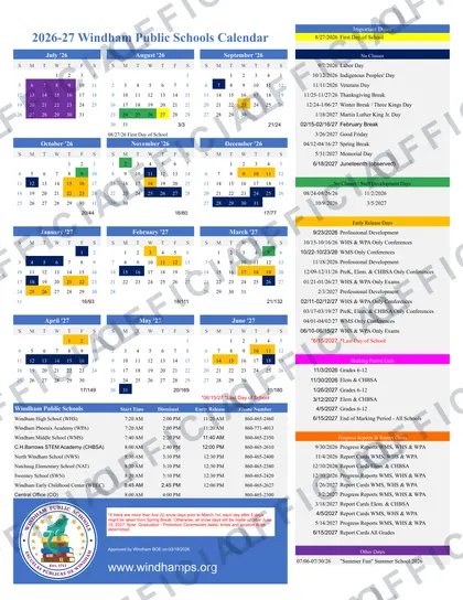 Windham Public Schools 2026-27 calendar