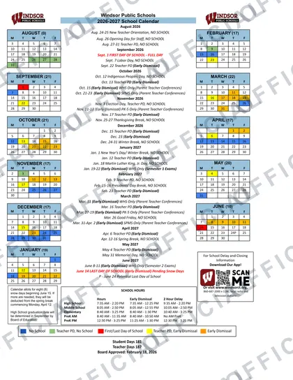 Windsor Public Schools 2026-27 calendar