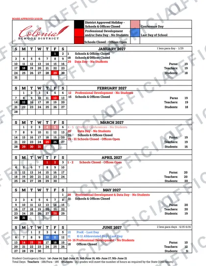 Colonial School District 2026-27 calendar