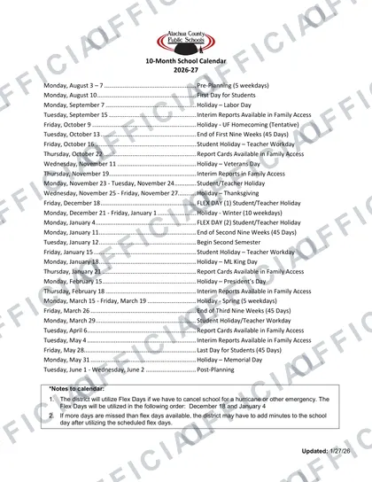 Alachua County Public Schools 2026-27 calendar