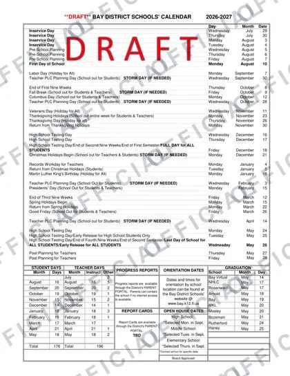 Bay District Schools 2026-27 calendar