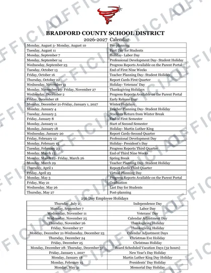 Bradford County School District 2026-27 calendar