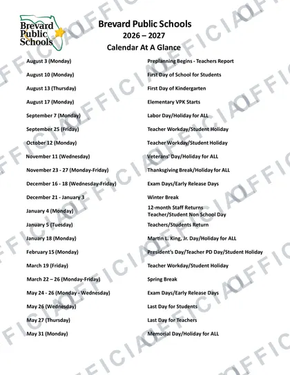 Brevard Public Schools 2026-27 calendar