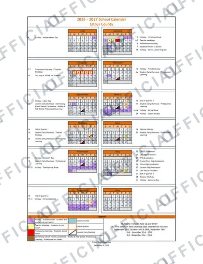 Citrus County Schools 2026-27 calendar