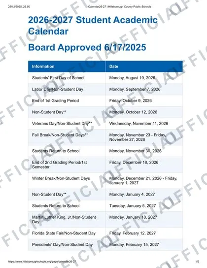 Hillsborough County Public Schools 2026-27 calendar