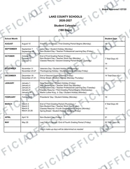 Lake County Schools 2026-27 calendar