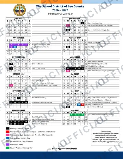 Lee County 2026-27 calendar