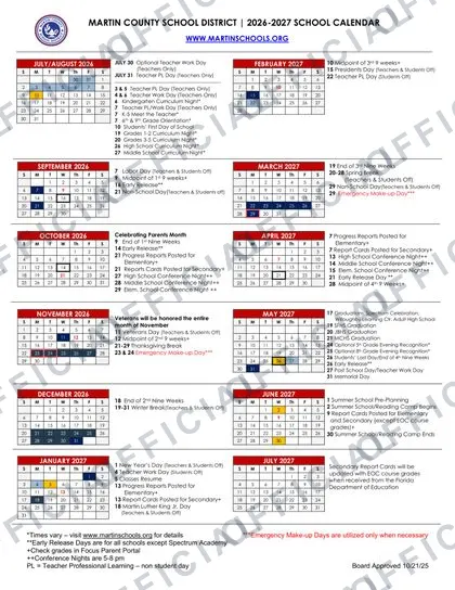 Martin County School District 2026-27 calendar