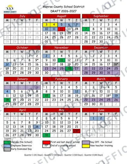 Monroe County fl School District 2026-27 calendar