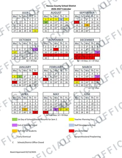 Nassau County School District 2026-27 calendar