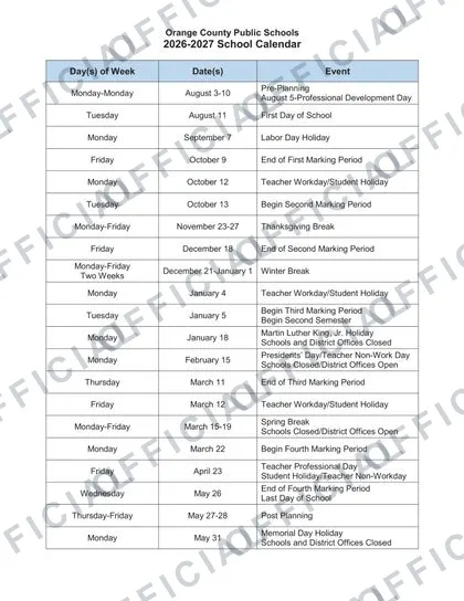 Orange County fl Public Schools OCPS 26 27 2026-27 calendar