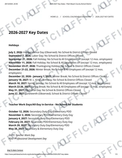 Palm Beach County School fl 26 27 2026-27 calendar