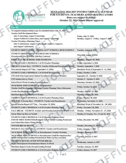 Polk County fl Public Schools 26 27 2026-27 calendar