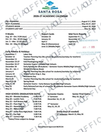 Santa Rosa County District Schools 26 27 2026-27 calendar