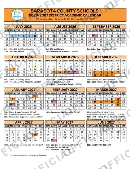 Sarasota County Schools 26 27 2026-27 calendar
