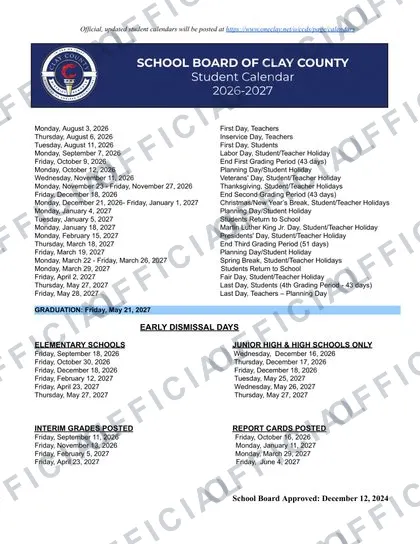 Clay County fl School 26 27 2026-27 calendar