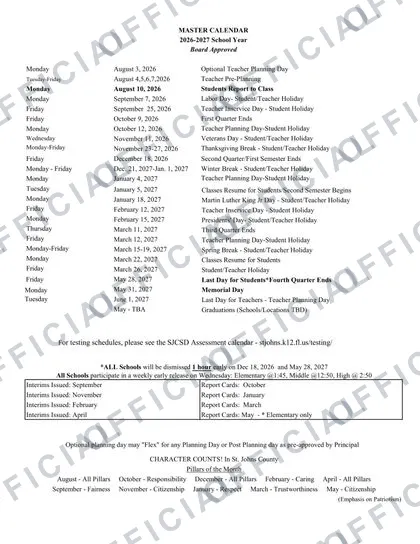 St. johns sjcsd county school district 2026-27 calendar