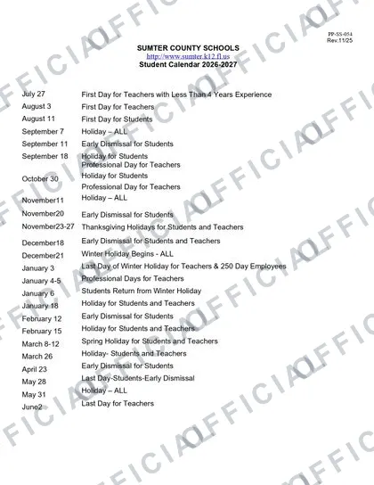 SUMTER COUNTY SCHOOLS 2026-27 calendar