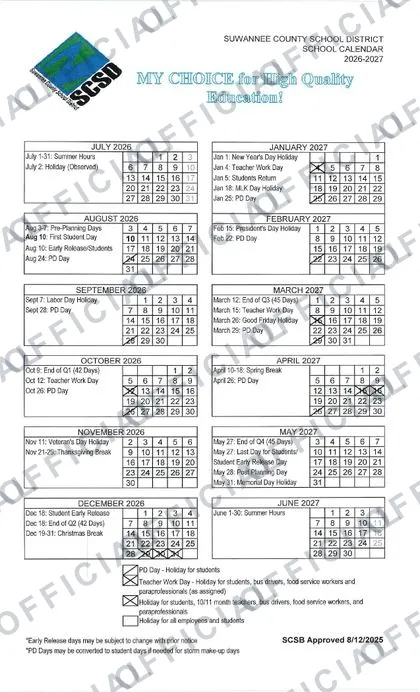 Suwannee County School District 2026-27 calendar