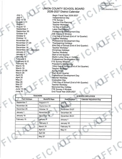 UNION COUNTY SCHOOL 2026-27 calendar