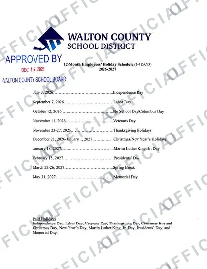 Walton County School District 2026-27 calendar