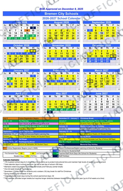 Bremen City Schools 2026-27 calendar