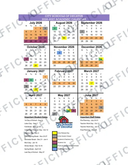 City Schools of Decatur 2026-27 calendar