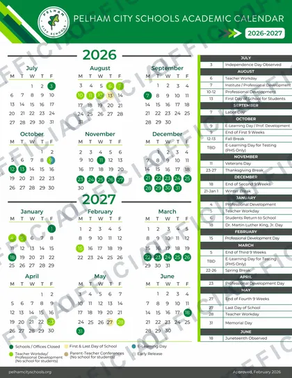 Pelham City Schools 2026-27 calendar