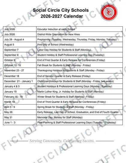 Social Circle City Schools 2026-27 calendar