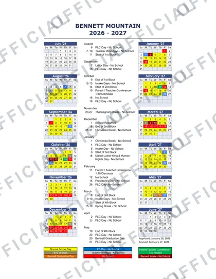 Bennett Mountain high School 2026-27 calendar