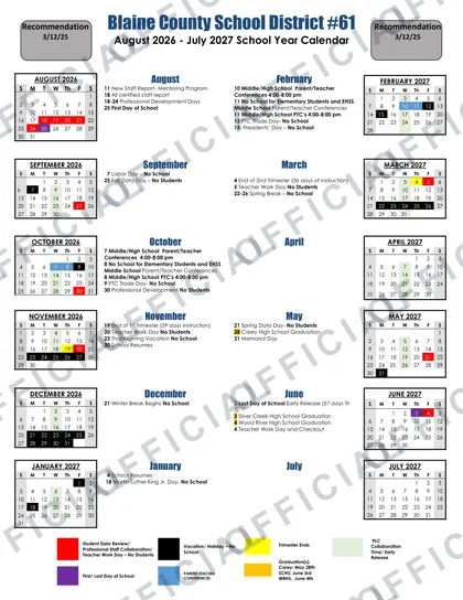 Blaine County School District 2026-27 calendar