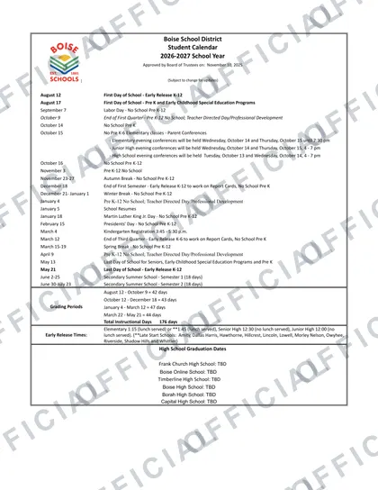 Boise School District 2026-27 calendar