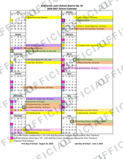 Bonneville Joint School District No. 93 2026-27 calendar