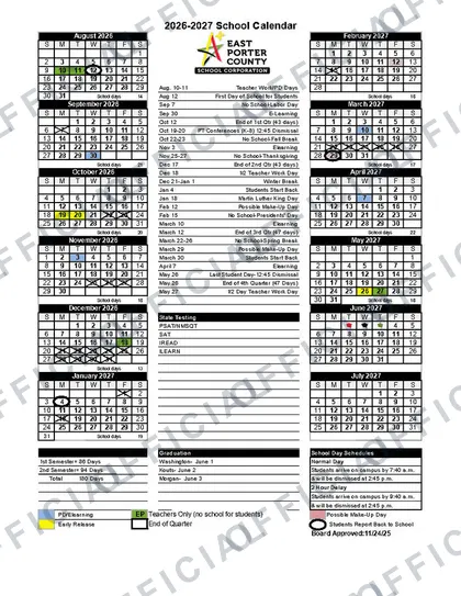 East Porter County School Corporation 2026-27 calendar