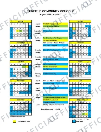 FAIRFIELD COMMUNITY SCHOOLS 2026-27 calendar