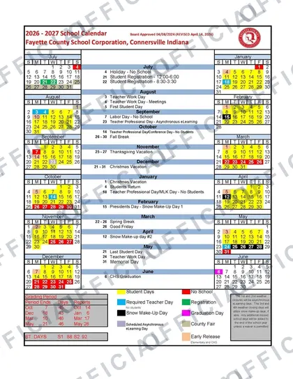 Fayette County School Corporation, Connersville Indiana 2026-27 calendar