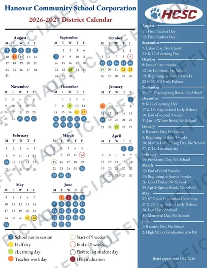 Hanover Community School Corporation 2026-27 calendar