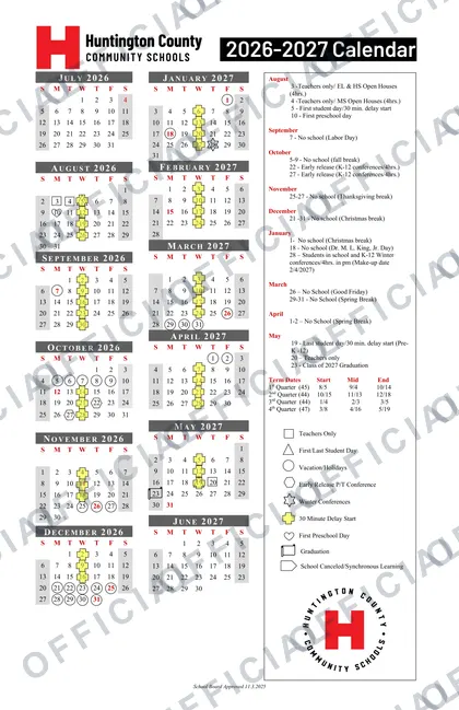 Huntington County Community Schools 2026-27 calendar