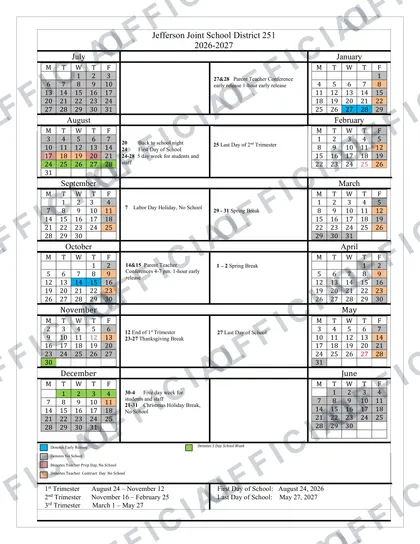 Jefferson Joint School District 251 2026-27 calendar