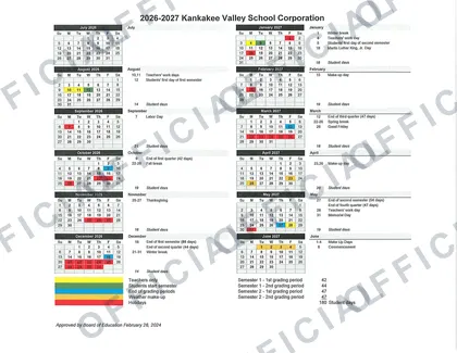 Kankakee Valley School Corporation 2026-27 calendar