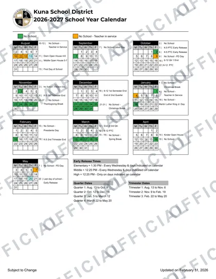 Kuna School District 2026-27 calendar