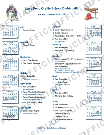 Lake Pend Oreille School District #84 2026-27 calendar