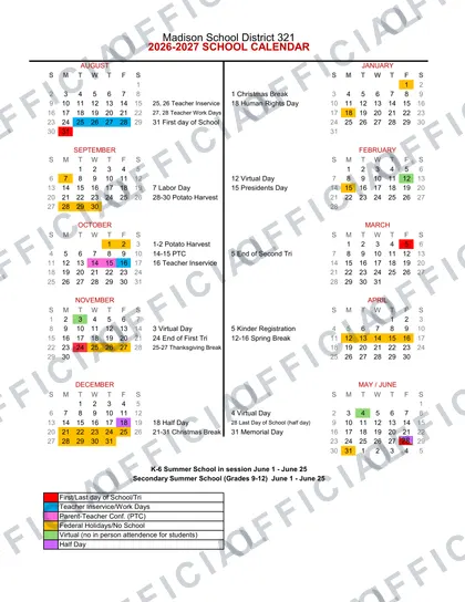 Madison School District 321 2026-27 calendar