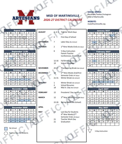 MSD OF MARTINSVILLE 2026-27 calendar