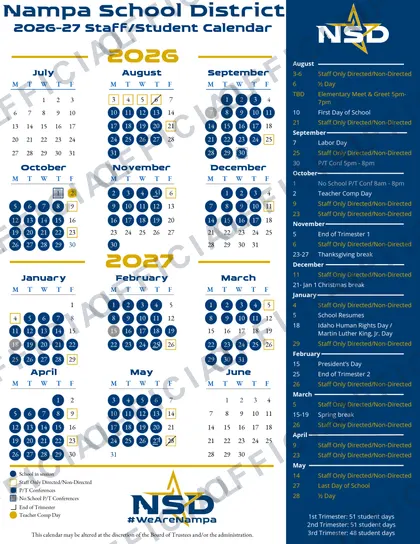Nampa School District 2026-27 calendar