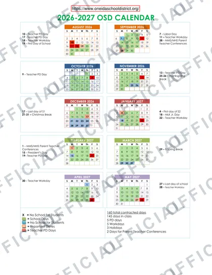 Oneida School District 2026-27 calendar